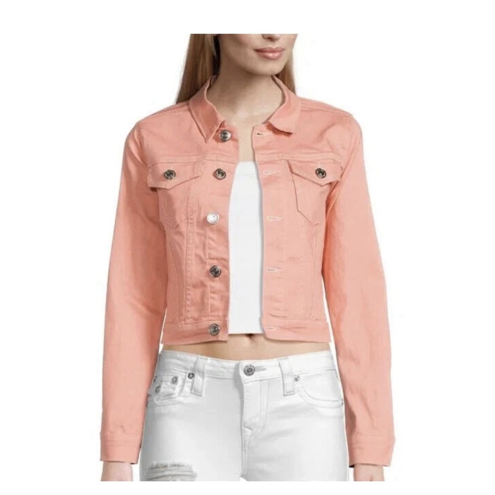 True Religion Jesse Crop Trucker Jacket Pink Coral Denim Stretch XL Womens